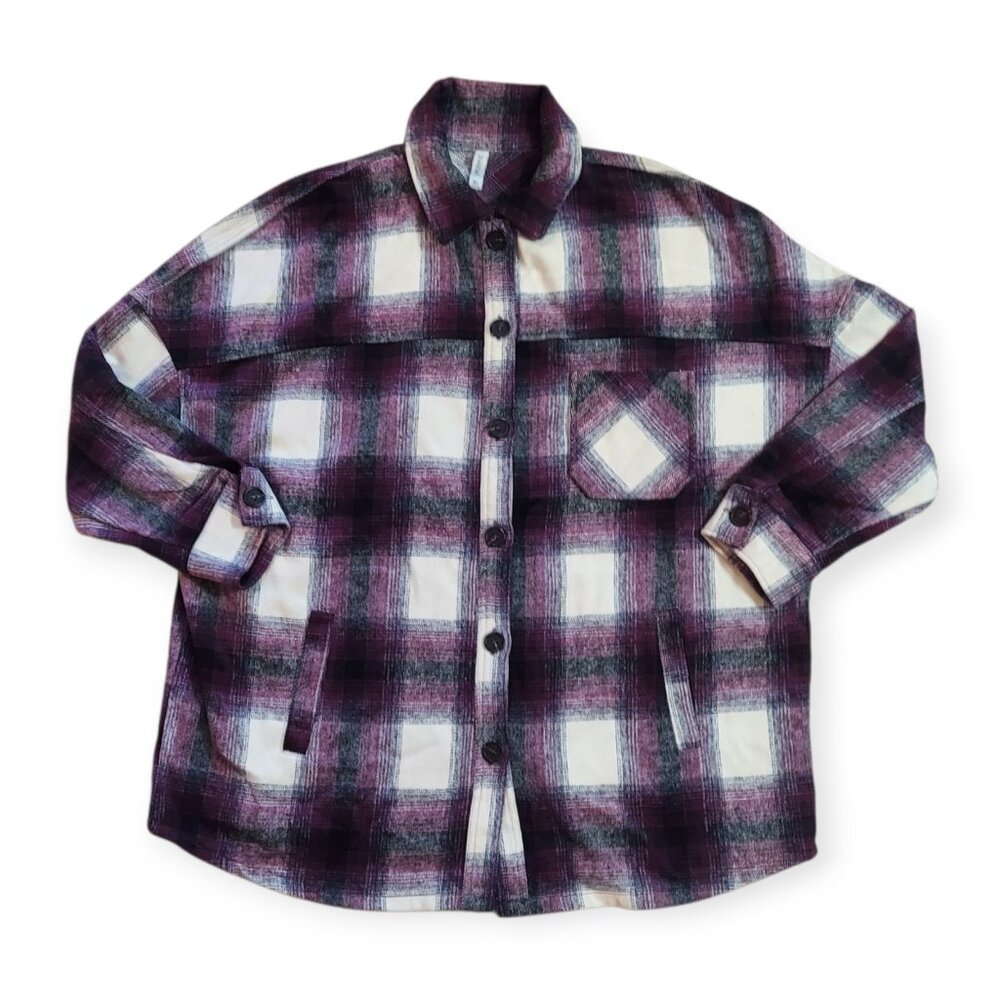 Zenana Women's Purple Plaid Longline Shacket Hiking Outdoor Pockets Button-up XL